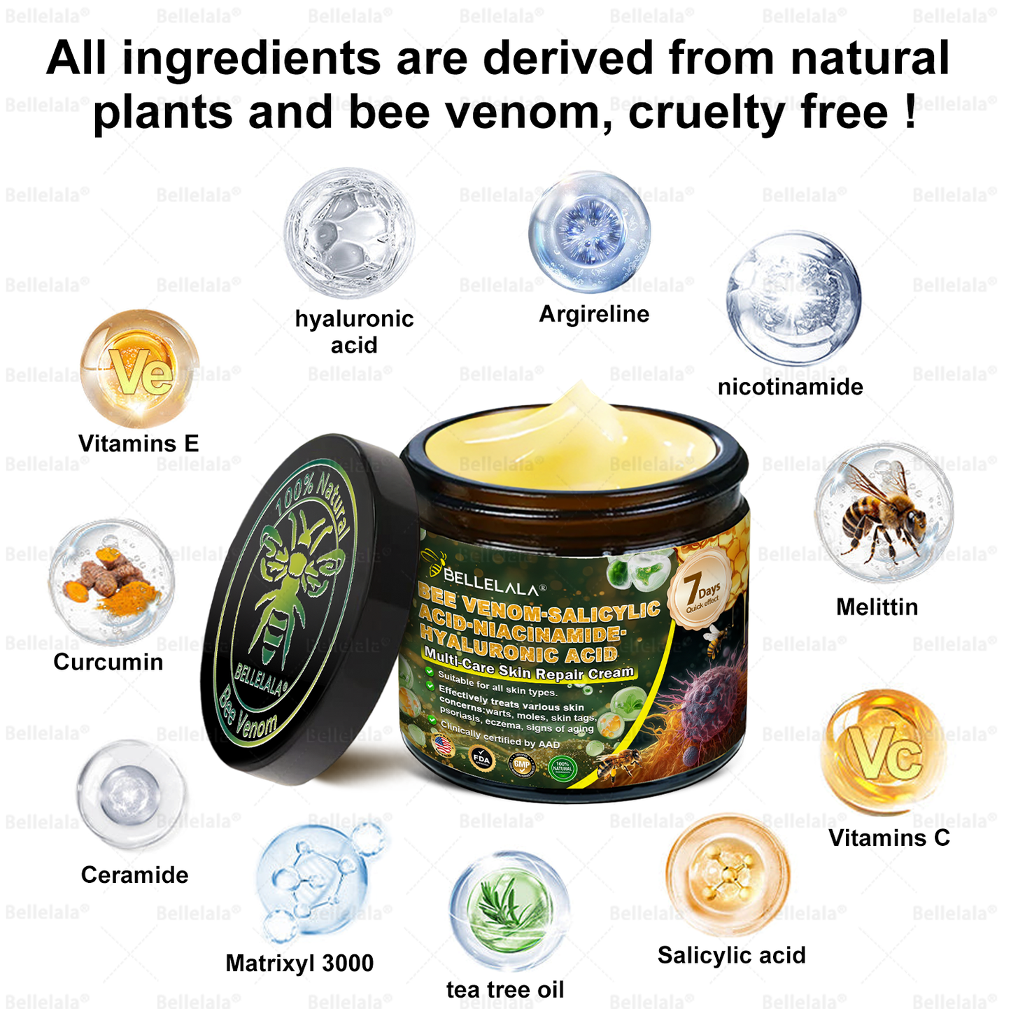 💎🇺🇸 Made & Shipped in the USA | Clinically Proven: Bellelala® Bee Venom Multi-Care Repair Cream with Melittin, salicylic acid, niacinamide, and hyaluronic acid, Vitamin C💧 Targets signs of aging, acne, scars, warts, psoriasis, dark spots, eczema and more.