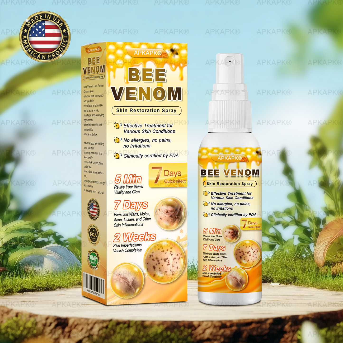 Instant Recovery🔥FDA Official: APKAPK® Bee Venom Skin Restoration Spray - Anti-aging, Hydrating, Skin Firming & Lifting, Skin Repair, Even Tone, Acne and Dark Spot Treatment, Wart and Mole Removal, and Psoriasis Relief.